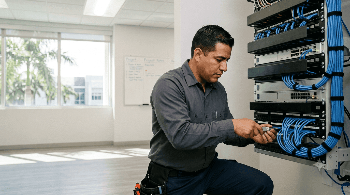 VoIP Made Simple technician terminating Cat6 cabling into a labeled patch panel on a clean network rack in a bright Broward County, Florida office