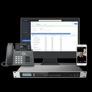On-premise IP PBX phone system with desk phone, monitor and mobile app